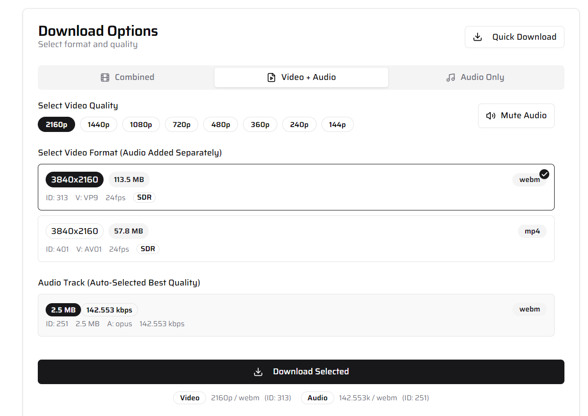 List of available download formats and qualities in Social Saver