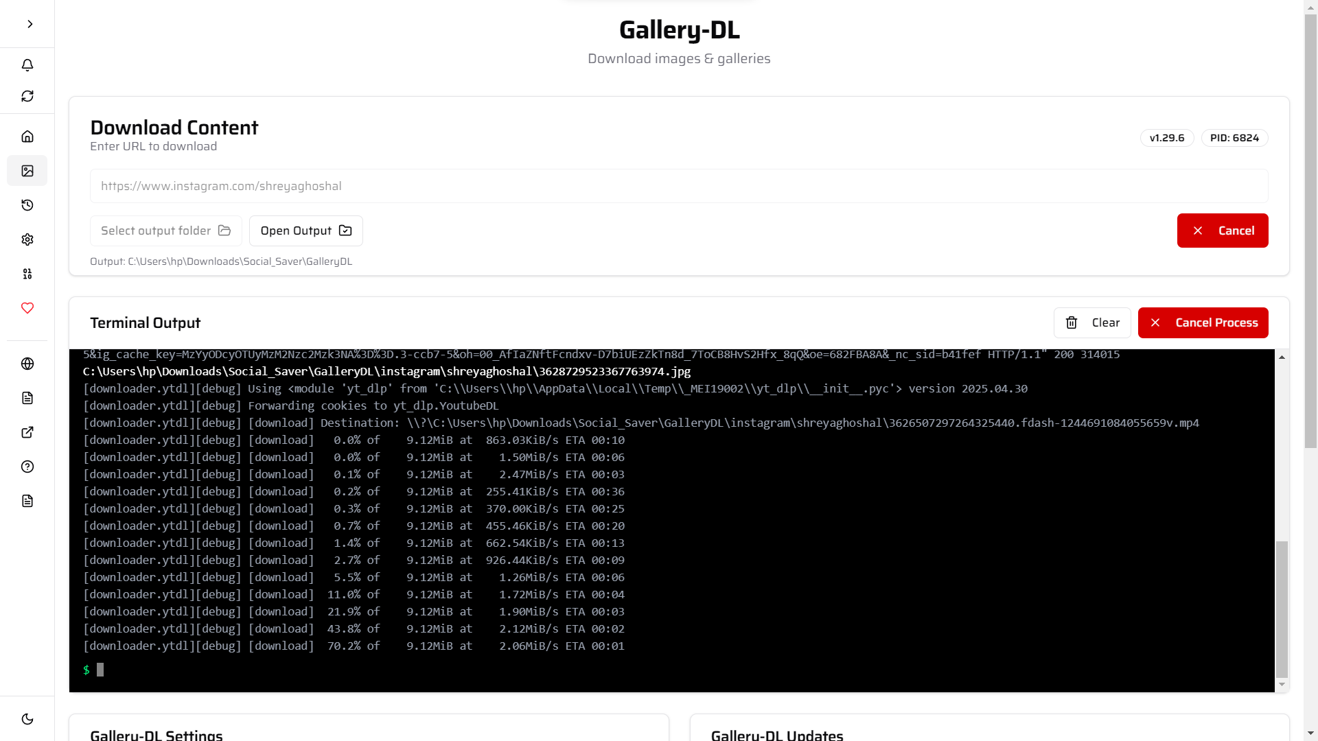 Gallery-DL page in Social Saver showing URL input and download button