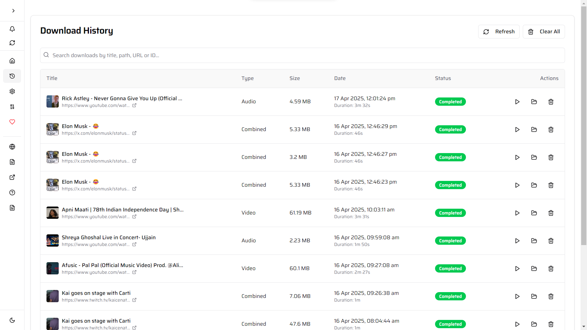 The History page showing completed downloads