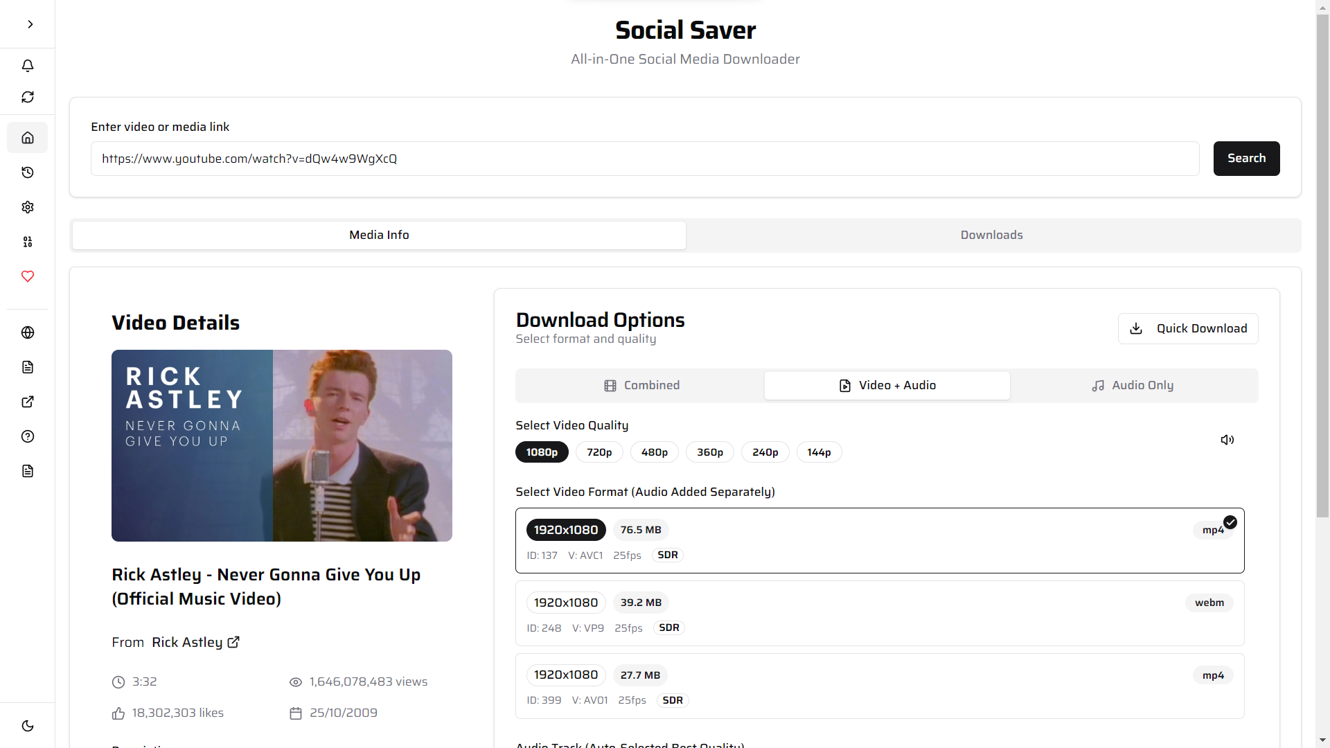 Media Info tab showing download type options