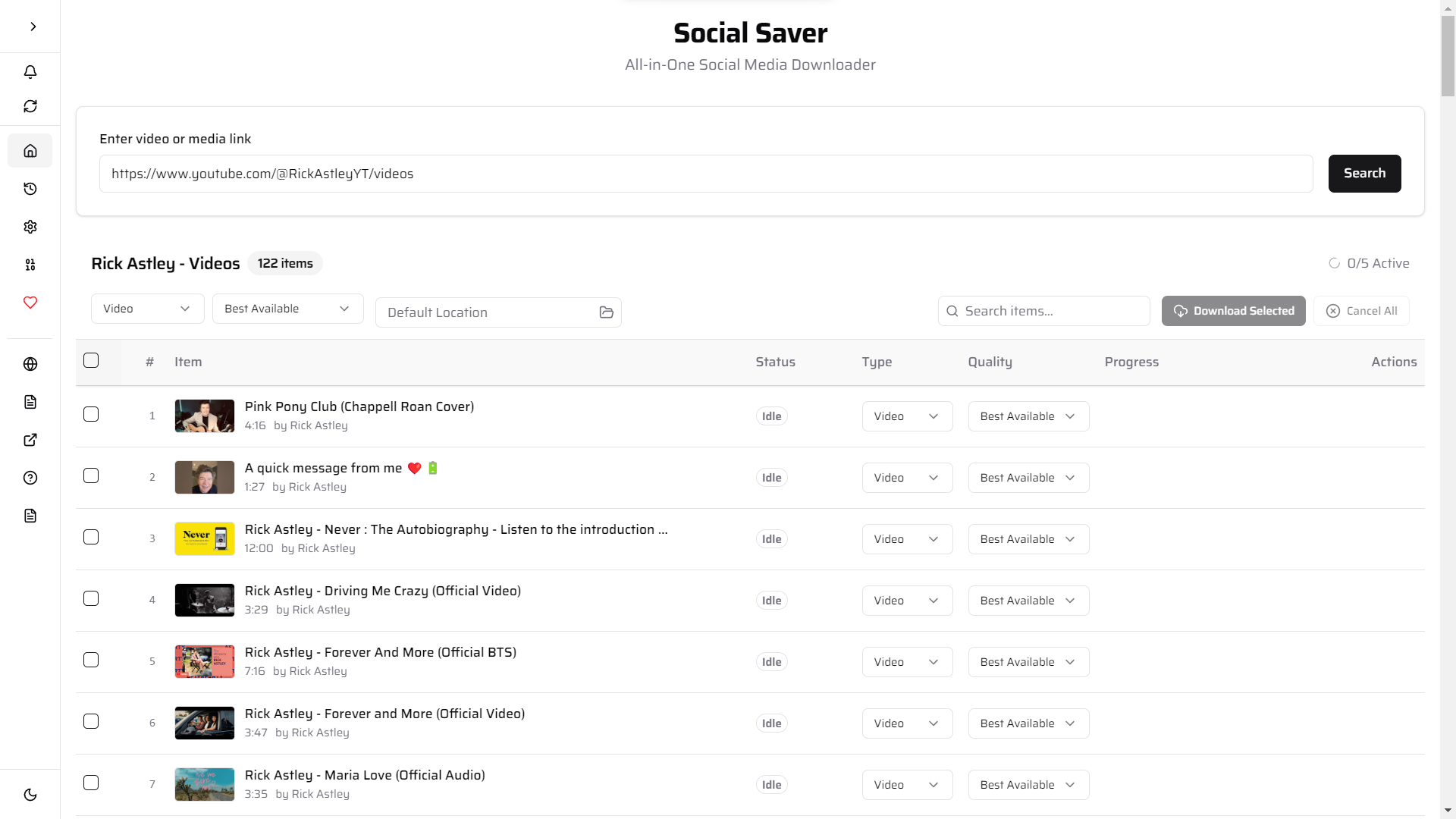 Table view showing items in a playlist within Social Saver