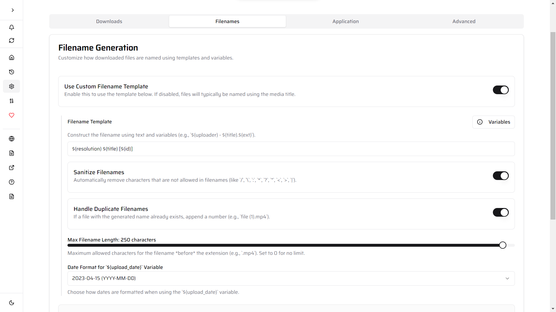 Screenshot showing the switch to enable custom filename templates in settings