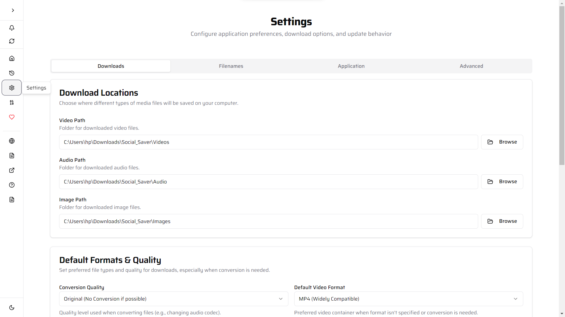 Social Saver Application Settings Screen