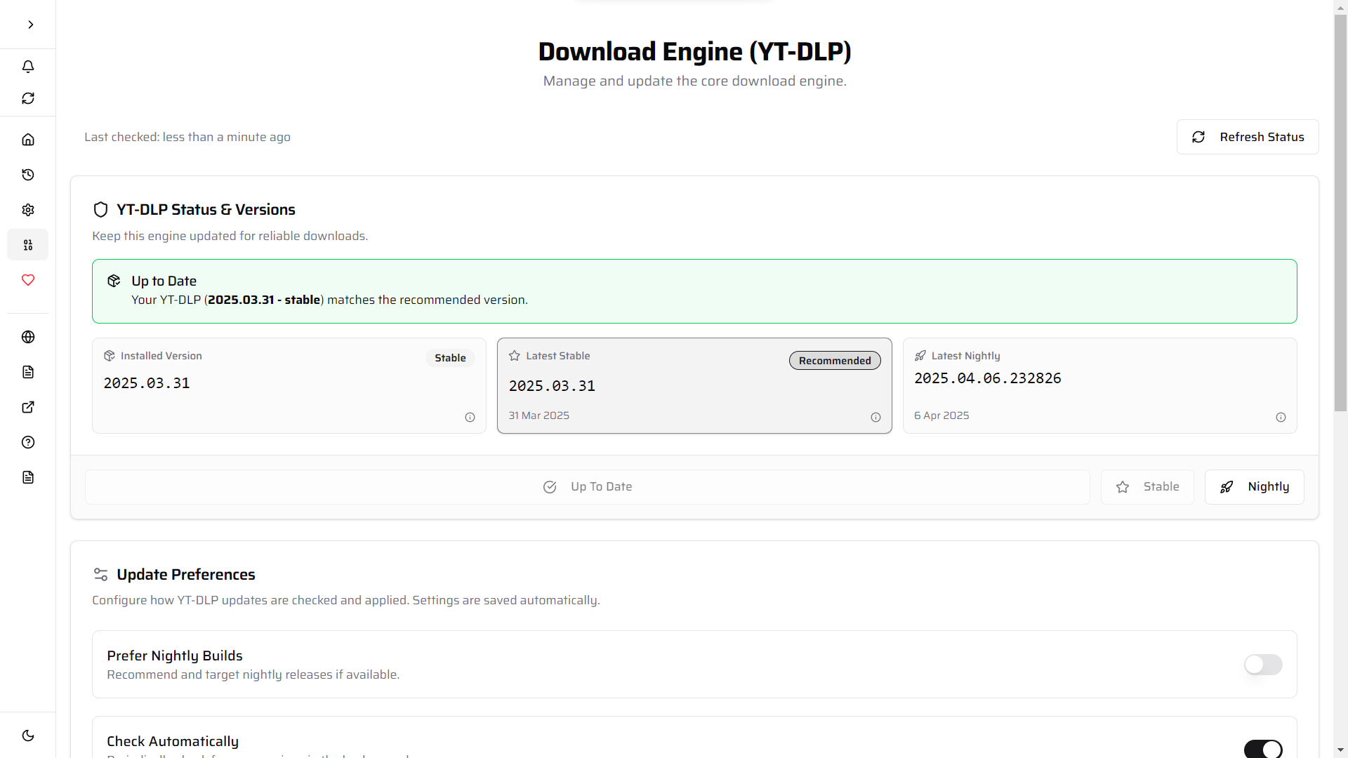 Updating the download engine in Social Saver Settings