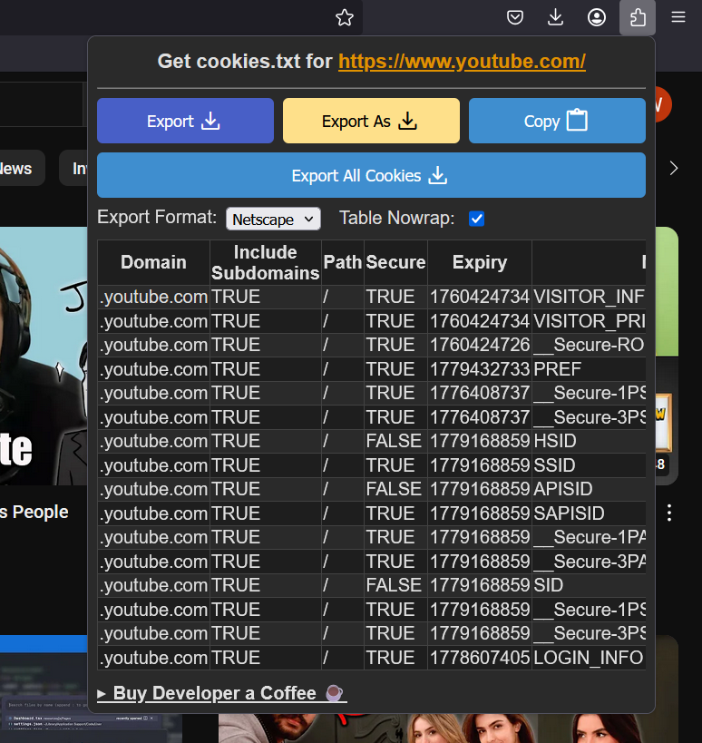 Screenshot showing the export button in the Get cookies.txt LOCALLY extension