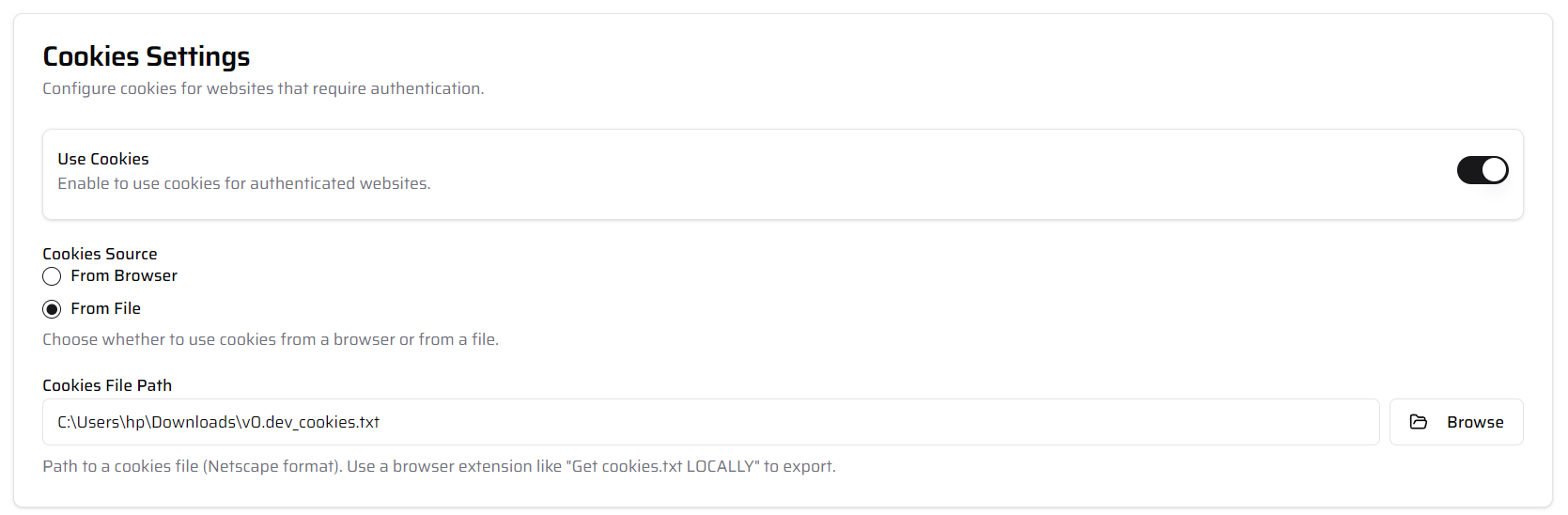 Social Saver cookie settings: 'From File' selected and cookies.txt path chosen